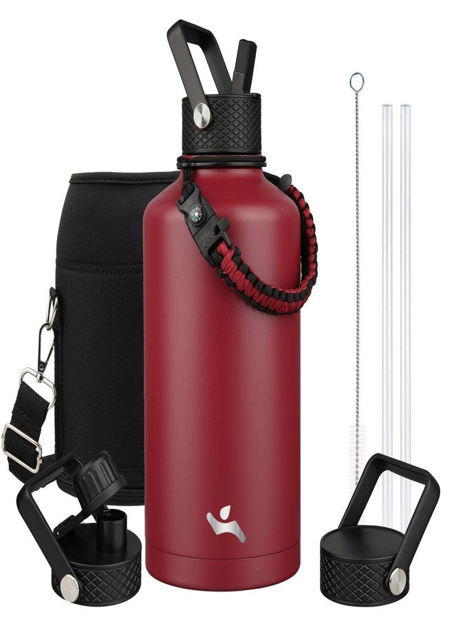 Konokyo Insulated Water Bottle with Straw,87 oz 3 Lids Water Jug with Carrying Bag,Paracord Handle,Double Wall Vacuum Stainless Steel Metal Flask,Dark Red - Image 1
